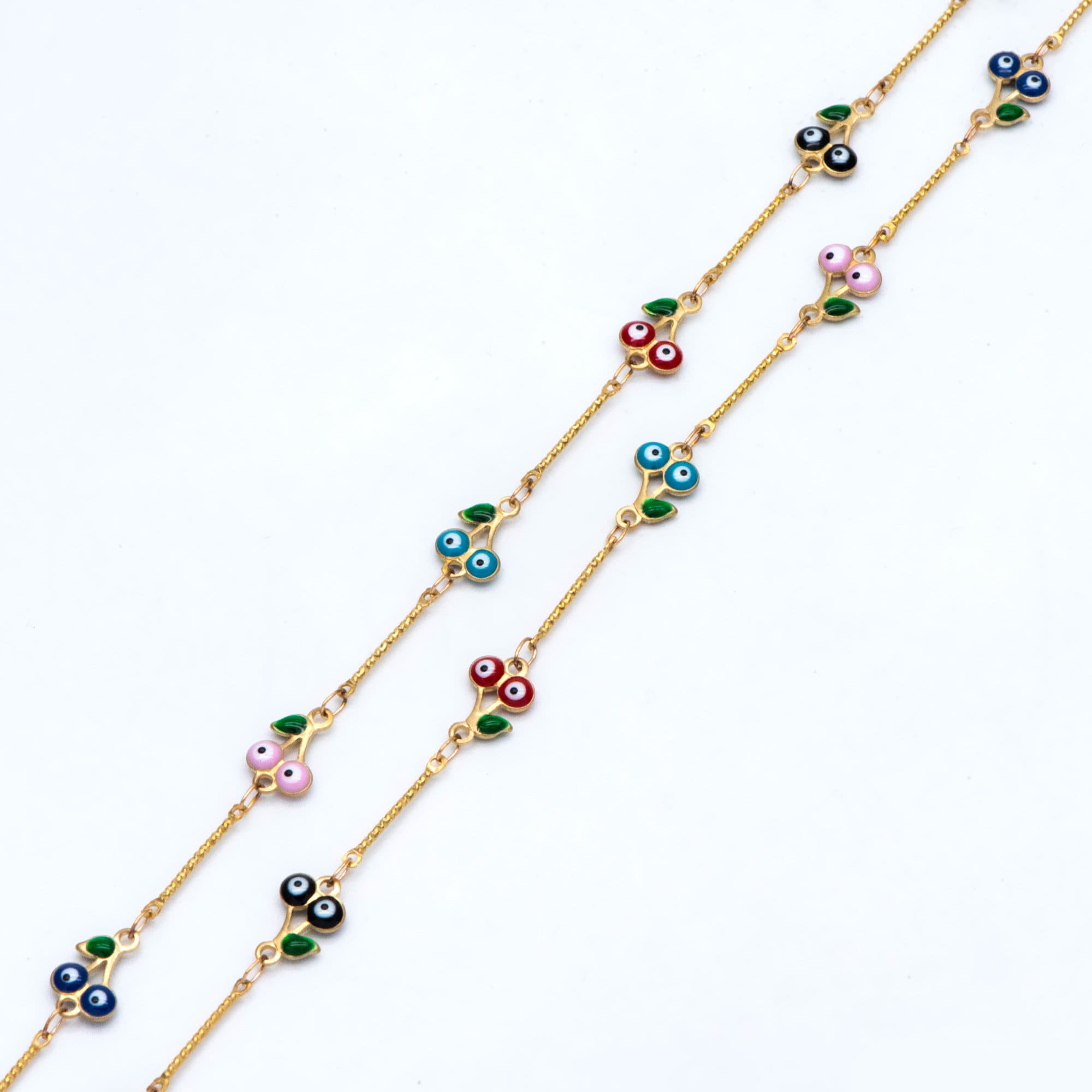 Multicolor Cherry Evil Eye Chain, Brass in Enamel, Unplated Raw Brass Designer Chain (#LK-512)/ 1 Meter=3.3ft